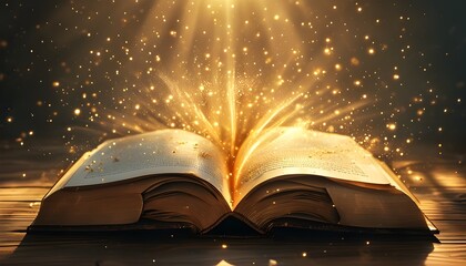 Wall Mural - Enchanted Book Radiating Golden Light and Glowing Dust on Wooden Table, Symbolizing Knowledge, Imagination, and Enlightenment