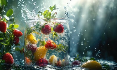 Wall Mural - Fresh strawberries and lemon in a glass jar with water splash and sunlight.