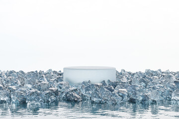 Wall Mural - 3d render platform background and empty round stage, ice podium on the lake with ice rock in winter 