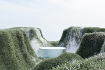 Wall Mural - 3d render winter scene and natural stage background, ice podium on the grassland in the valley after