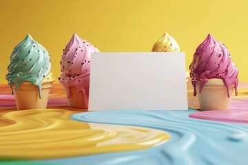 A white sign is placed in front of a row of colorful ice cream cones