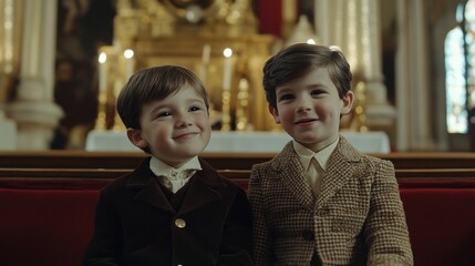 Canvas Print - Two young boys sitting on a bench in a church