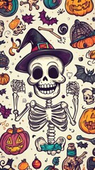 Wall Mural - A skeleton with a witch hat and other halloween items