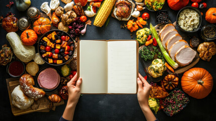 Canvas Print - A person holding an open book in front of a table full of food