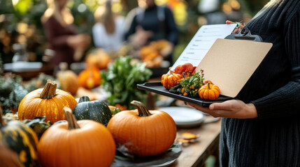 Poster - A person holding a tray with a bunch of pumpkins on it