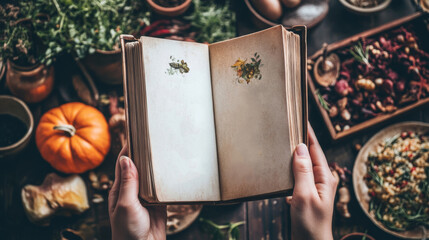 Sticker - A person holding an open book in front of a table full of food