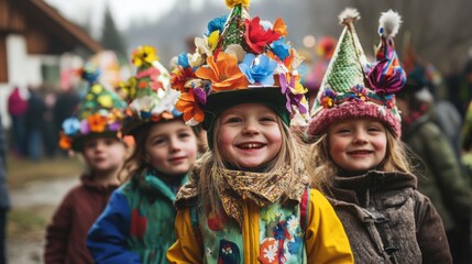 Poster - A group of children wearing colorful hats and scarves