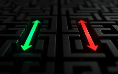 Wall Mural - a green arrow points up and a red arrow points down in the center of a black maze, representing a ch