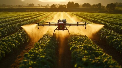 Drone spraying crops in a field at sunset.