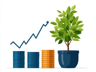 Illustration of a plant growing in a pot alongside coins, symbolizing financial growth and investment in nature.