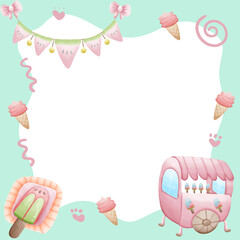 cute photo frame illustration clipart for kids or worksheet with ice cream truck with watermelon, ice cream, and candy decoration