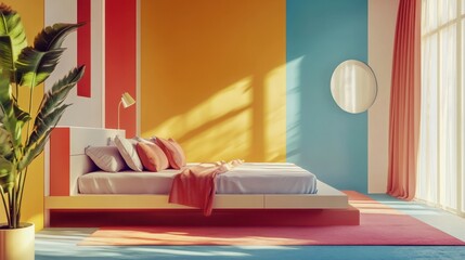 Poster - Hyper-realistic 3D modern bedroom with bold color blocks vector illustration soft textures sleek design and clean aesthetic spacious layout 