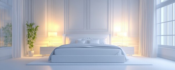 Poster - Minimalistic 3D modern bedroom soft lighting bold color accents hyper-realistic vector illustration clean design and elegant space 