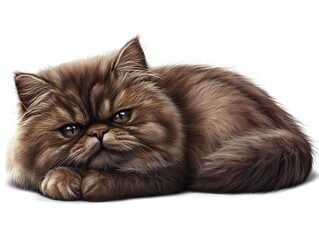 A fluffy Persian cat resting comfortably on a white background, showcasing its adorable features and relaxed demeanor.