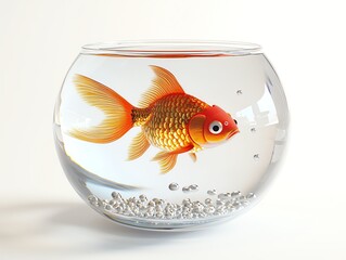 A vibrant goldfish swimming gracefully in a clear bowl, surrounded by shimmering pebbles, perfect for home decor or aquatic themes.