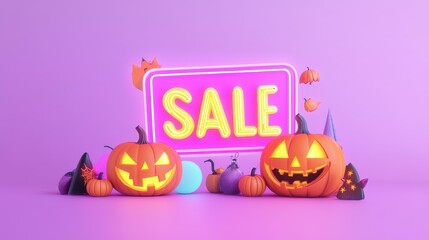 Poster - Vibrant neon SALE sign paired with glowing jackolanterns creates a festive vibe for Halloween promotions.