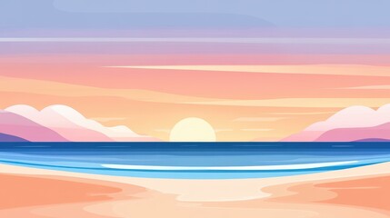 Poster - Enjoy a vibrant cartoon illustration showcasing a breathtaking ocean scene with a radiant sunset over a tranquil beach.