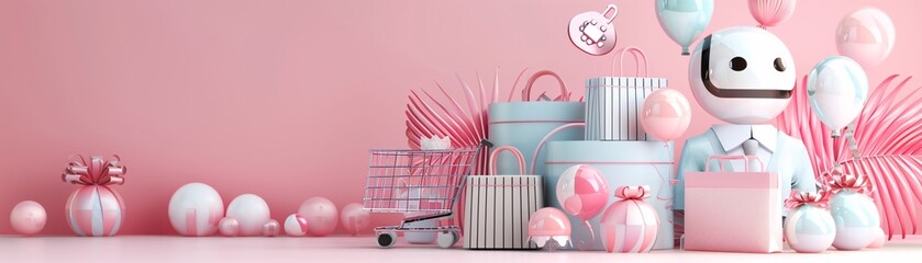 Poster - Virtual shopping assistant, AI-driven customer support, 3D illustration, enhanced retail concept, copy space,