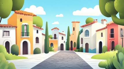 Poster - A lovely cobblestone path meanders through a picturesque village filled with charming homes and vibrant greenery.