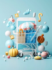 Poster - E-commerce growth, digital marketplace expansion, 3D illustration, online retail concept, copy space,