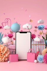 Poster - E-commerce growth, digital marketplace expansion, 3D illustration, online retail concept, copy space,
