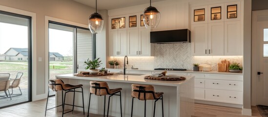 Canvas Print - Modern Kitchen Design with White Cabinets and Island