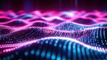 Futuristic digital landscape with glowing pink and blue wave patterns