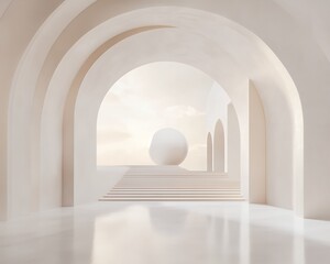 Wall Mural - minimalist white archway interior with a sphere and stairs leading to a bright sky.