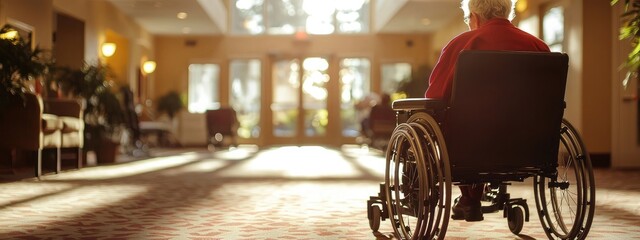 An elderly woman in a wheelchair is sitting in a hallway