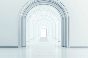 Wall Mural - A long, narrow hallway with white walls and a white archway