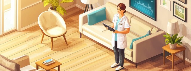 A woman in a white lab coat stands in a living room with a tablet in her hand