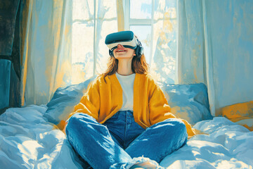 Wall Mural - Young women watching VR movies and TV shows indoors