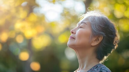 Japanese elderly woman breathing a fresh air in the park, meditation, blurred background. Banner