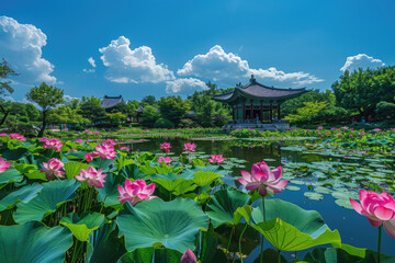 Wall Mural - Summer lotus pond, distant pavilion