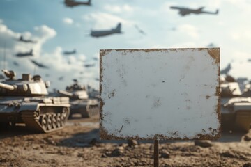 sign is in the middle of a battlefield with many tanks and planes