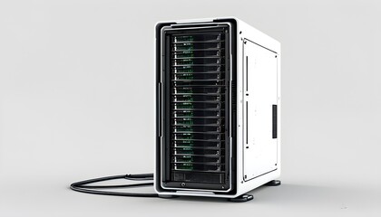 3D illustration of a technology server tower in a computer network, set against a clean white background