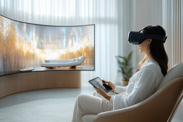 Young women watching VR movies and TV shows indoors