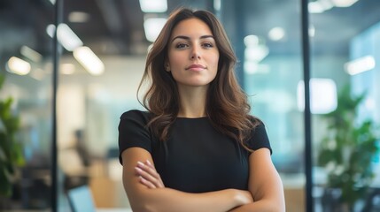 confident businesswoman standing with arms crossed in modern office