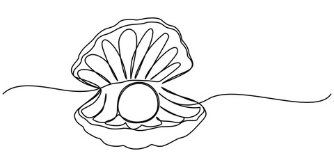 Continuous one line drawing natural open pearl shell close up. Modern minimalist ison or logo in black and white colors. Vector illustration, Continuous one line drawing of open oyster shell seashell