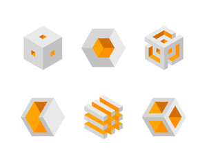 Cube logo, geometric vector design. Box logotype company, trendy tech emblem in pixel style.