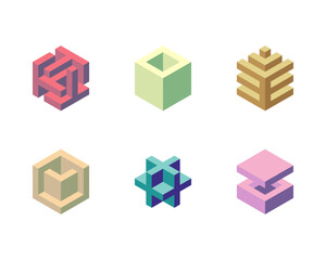 Poster - cube logo, geometric vector design. set box logotype company, trendy techno emblem in isometric 3d s