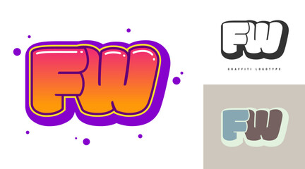 FW logo design for festival or party. Initial letter f and w in graffiti style. Creative modern lettering company name of font typography. Kids trendy logotype or identity.