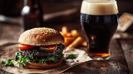 A dark light beer and a hamburger in a bar setting.