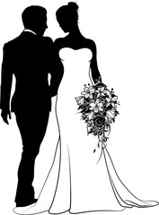 Wall Mural - Bride and groom couple silhouettes. Woman in a bridal wedding dress