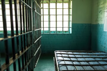 Wall Mural - A prison cell with a window and a white screen