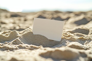 A white card is sitting on the sand