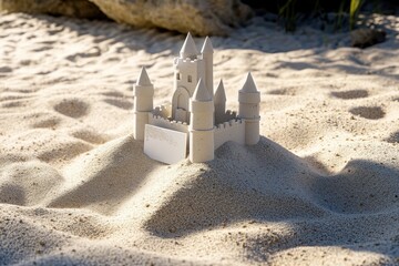 Wall Mural - A white card is placed on top of a sand castle