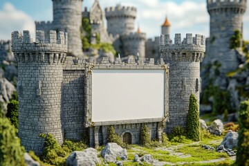 A castle with a large white sign on it