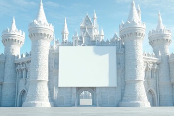 A castle with a large white sign on it