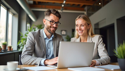 Happy professional business man and woman working on laptop at office meeting, two busy colleagues working together having conversation on project, discussing business plan at office 